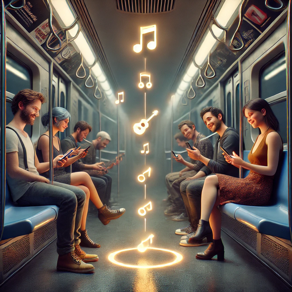 Strangers jamming together on a subway car